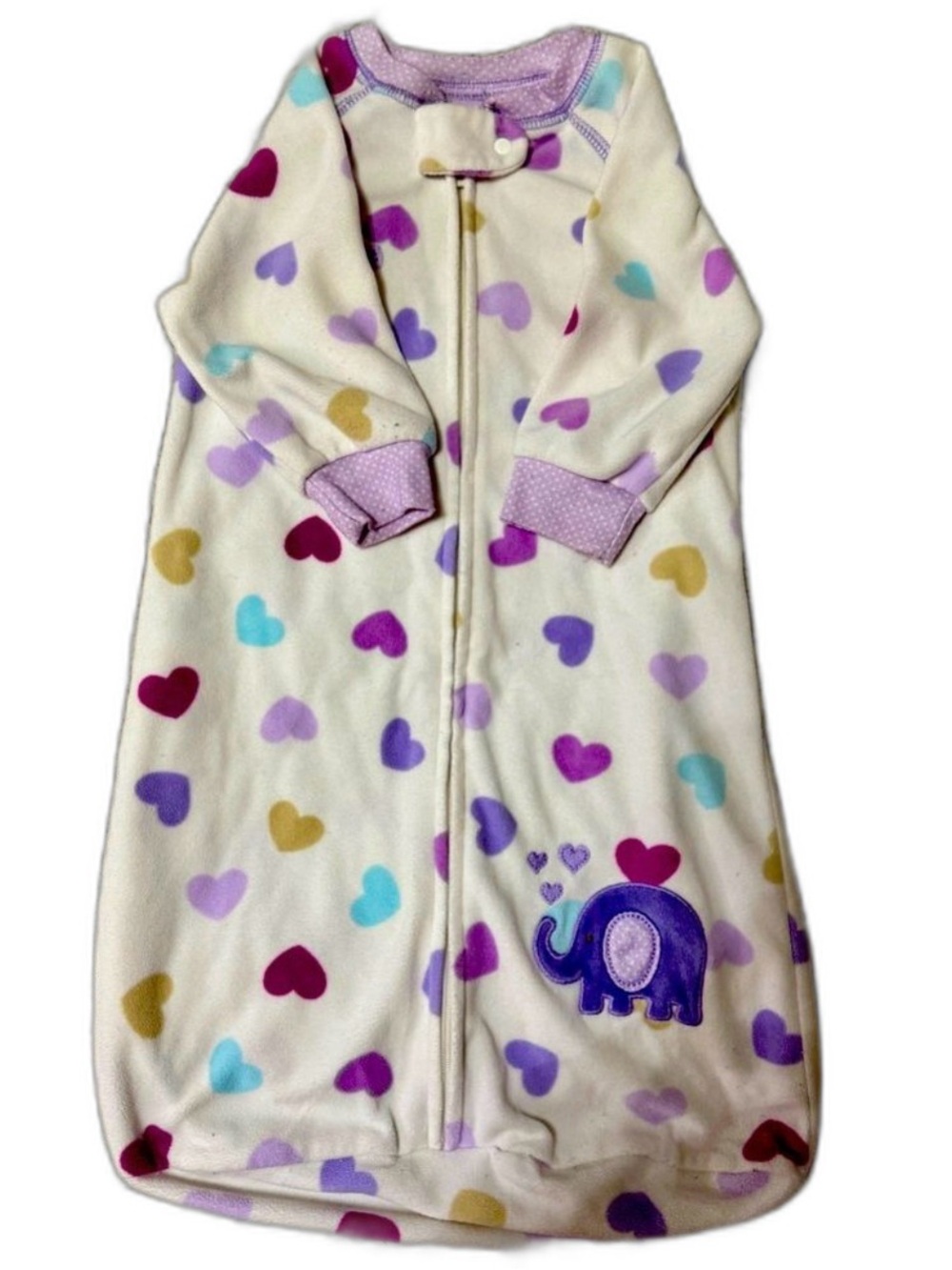 Carter's Cream Heart-Print Sleep Sack with Purple Elephant Applique
